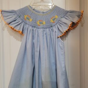 Mom and me, blue smocked Dress with Fish Embroidery.  Size 6X